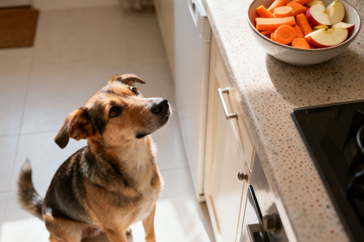 Perro sentado en la cocina mirando un bol con zanahoria y manzana